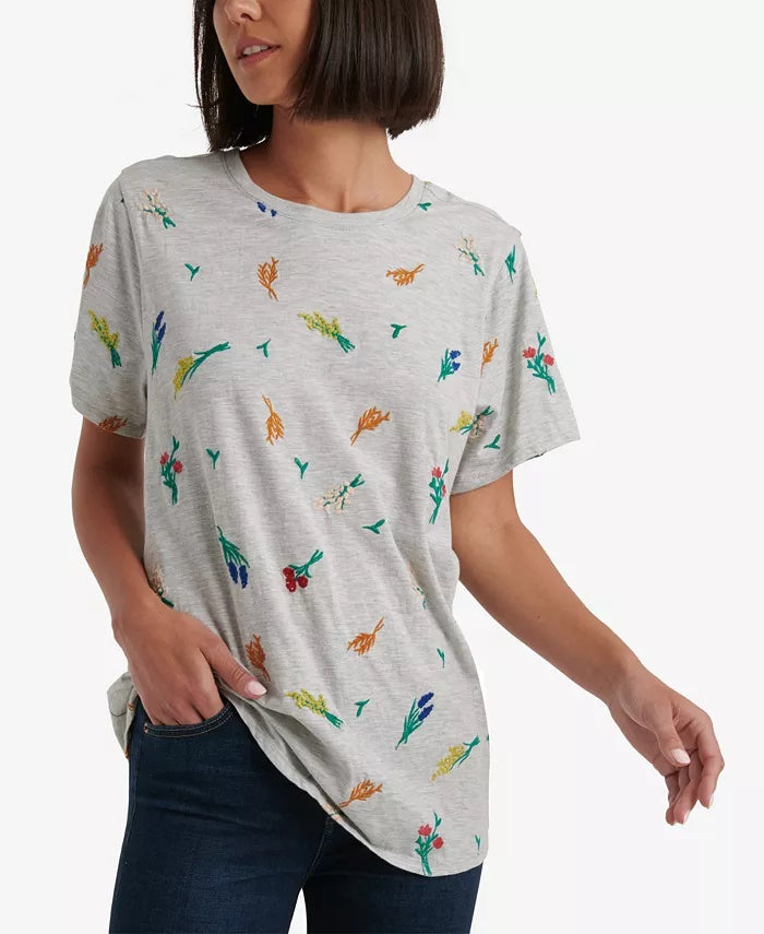 Camiseta feminina Lucky Brand com estampa floral bordada, cinza, tamanho médio