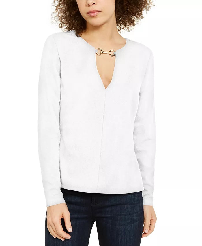 INC International Concepts Top feminino com decote em V e ferragens, branco, tamanho X-S