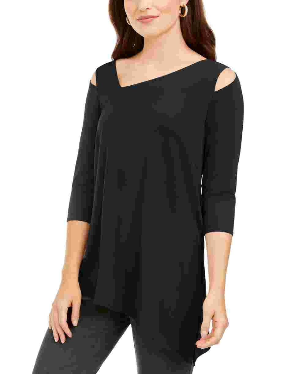 Blusa feminina Alfani com recortes nos ombros, lisa, manga 3/4, decote em V, preta, tamanho grande