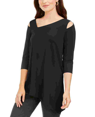 Blusa feminina Alfani com recortes nos ombros, lisa, manga 3/4, decote em V, preta, tamanho grande