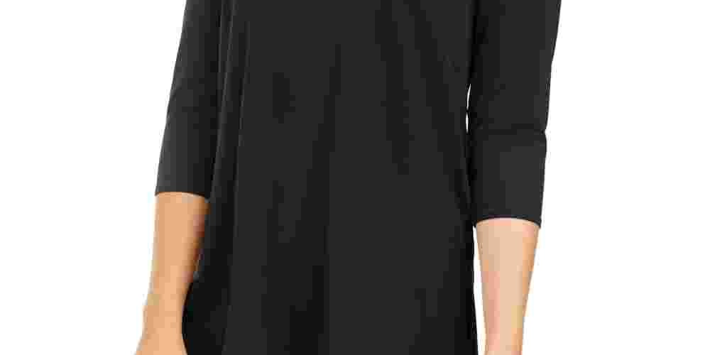 Blusa feminina Alfani com recortes nos ombros, lisa, manga 3/4, decote em V, preta, tamanho grande