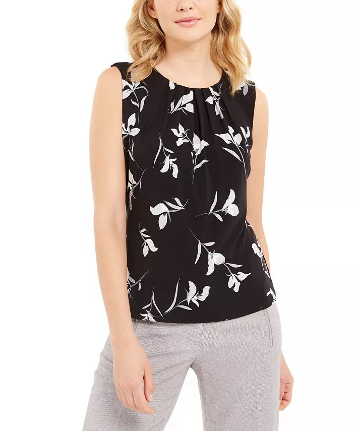 Blusa feminina Calvin Klein Petite Floral com decote plissado e sem mangas, preta, tamanho Petite S