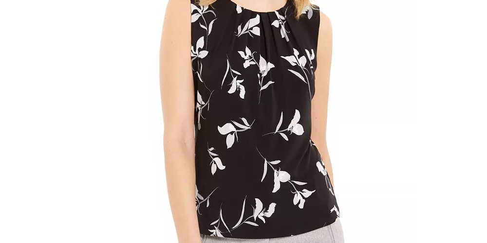 Blusa feminina Calvin Klein Petite Floral com decote plissado e sem mangas, preta, tamanho Petite S