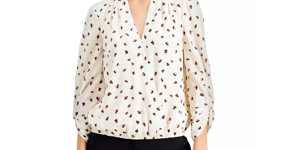 Blusa feminina Alfani com sobrepeliz estampada, bege, tamanho X-S