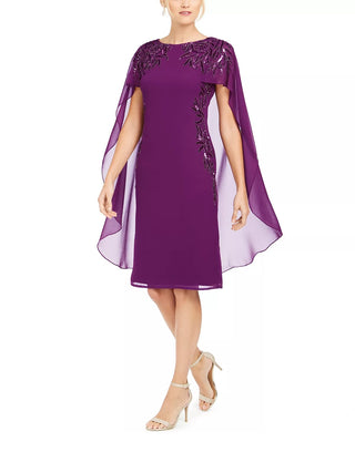 Adrianna Papell Women's Beaded Cape Sheath Dress Wildberry Size 12