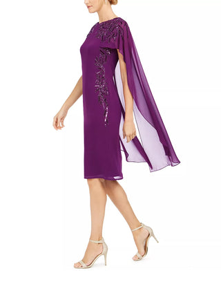 Adrianna Papell Women's Beaded Cape Sheath Dress Wildberry Size 12