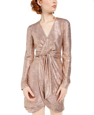 Vestido de festa curto com zíper e cinto, manga comprida, decote em V, bege, tamanho 0, da City Studios