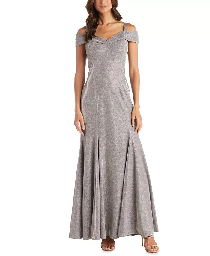 Vestido formal feminino R &amp; M Richards cinza com lantejoulas, zíper, alças finas, ombro de fora, comprimento total + flare, tamanho 10, cor carvão