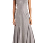 Vestido formal feminino R &amp; M Richards cinza com lantejoulas, zíper, alças finas, ombro de fora, comprimento total + flare, tamanho 10, cor carvão
