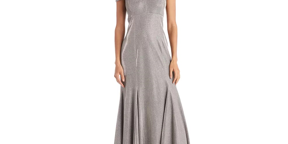 Vestido formal feminino R &amp; M Richards cinza com lantejoulas, zíper, alças finas, ombro de fora, comprimento total + flare, tamanho 10, cor carvão