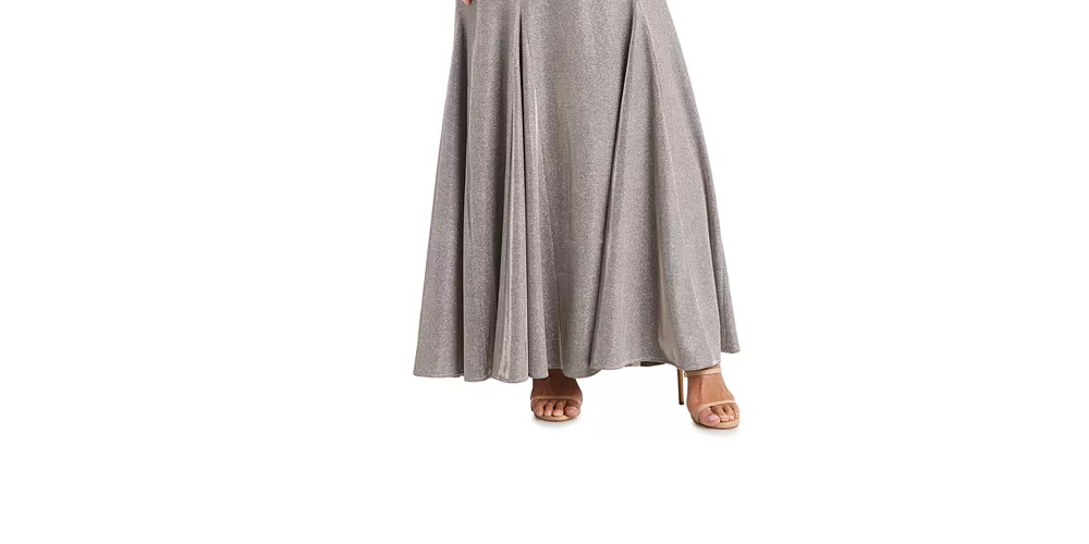 Vestido formal feminino R &amp; M Richards cinza com lantejoulas, zíper, alças finas, ombro de fora, comprimento total + flare, tamanho 10, cor carvão