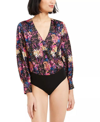 Bar III Women's Confetti Printed Surplice Bodysuit Black Size XX-Large