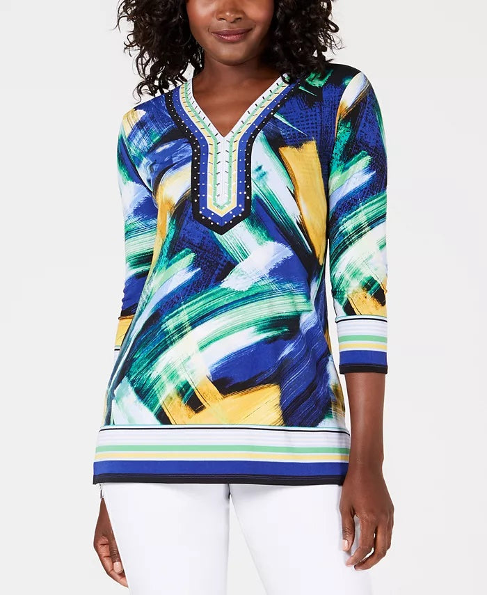 Túnica feminina JM Collection Petite com decote em Y e detalhes em azul, tamanho Petite S