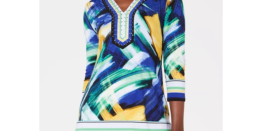 Túnica feminina JM Collection Petite com decote em Y e detalhes em azul, tamanho Petite S