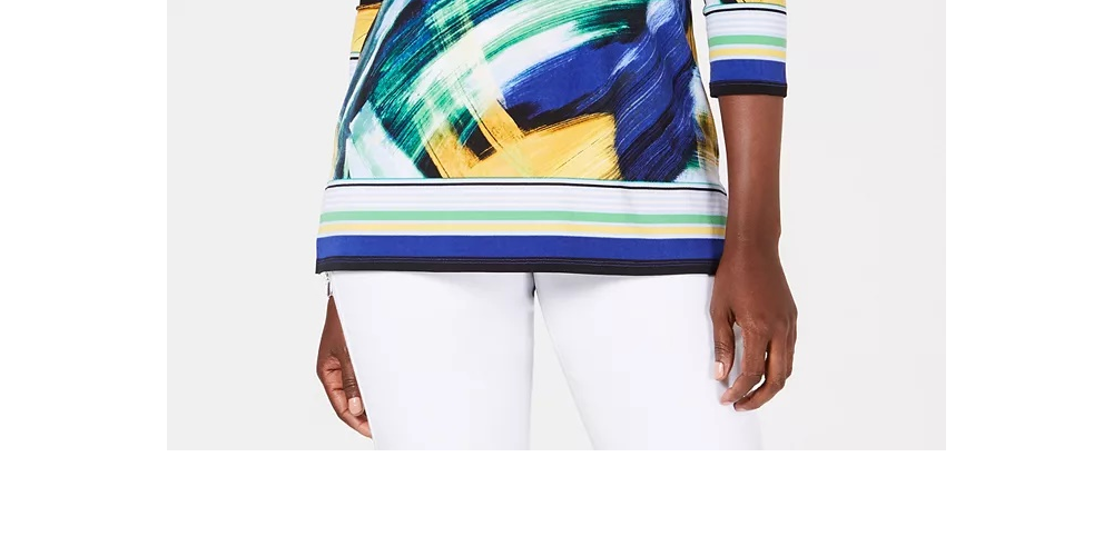 Túnica feminina JM Collection Petite com decote em Y e detalhes em azul, tamanho Petite S