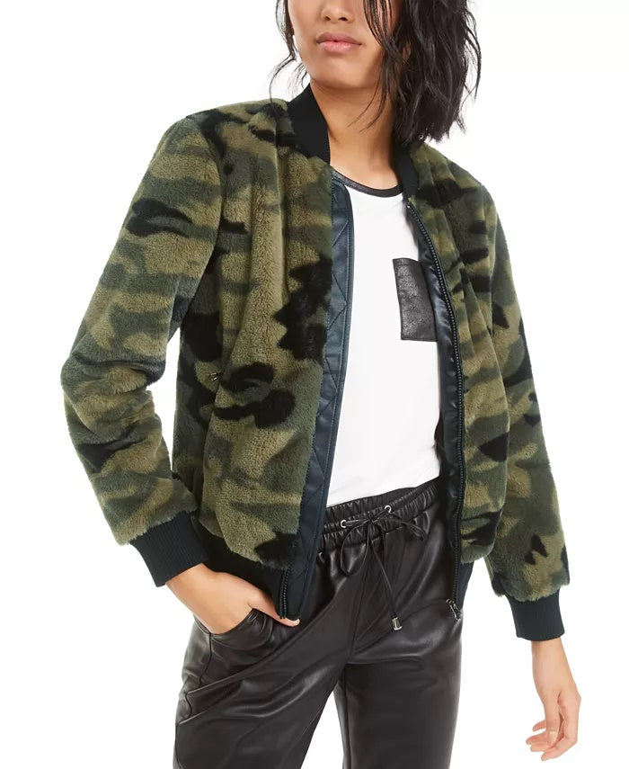 Jaqueta bomber feminina estampada com pele sintética Bar III, verde, tamanho XXS
