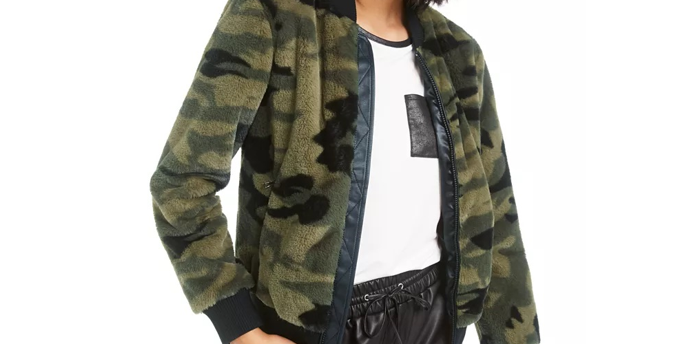 Jaqueta bomber feminina estampada com pele sintética Bar III, verde, tamanho XXS