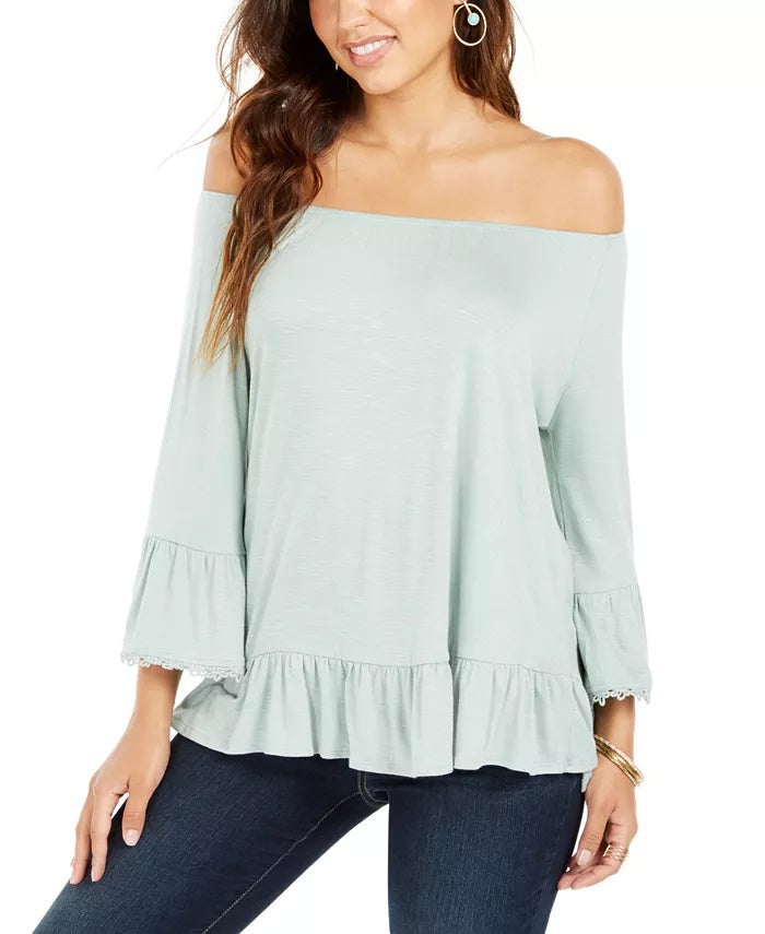 Blusa feminina estilo &amp; co, ombro de fora, manga sino, azul industrial, tamanho extragrande