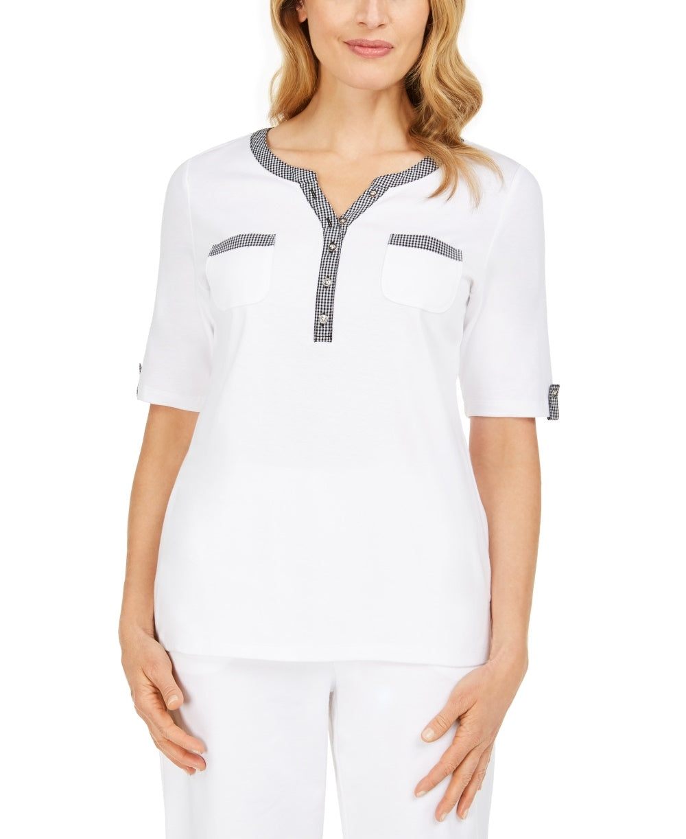 Karen Scott Top Henley Feminino com Acabamento Vichy, Tamanho Natural Médio