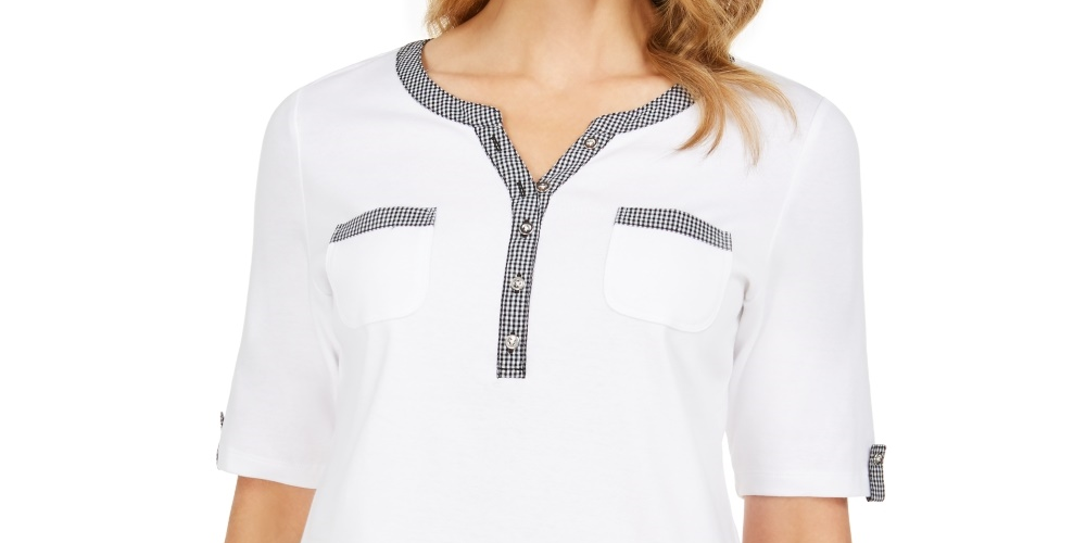 Karen Scott Top Henley Feminino com Acabamento Vichy, Tamanho Natural Médio