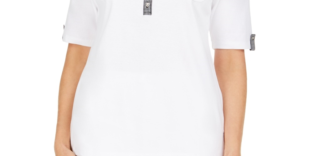 Karen Scott Top Henley Feminino com Acabamento Vichy, Tamanho Natural Médio
