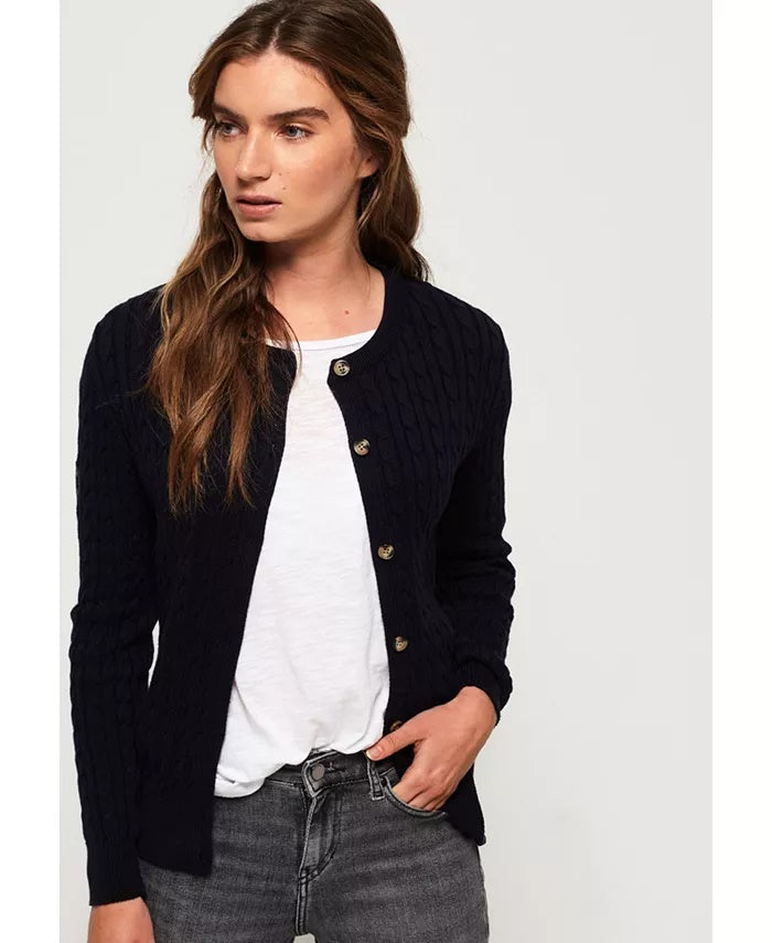 Cardigan de malha trançada Croyde Bay da Superdry feminino, azul-marinho, tamanho 4