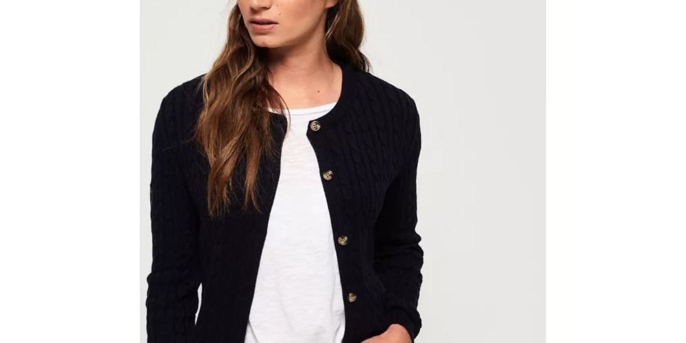 Cardigan de malha trançada Croyde Bay da Superdry feminino, azul-marinho, tamanho 4