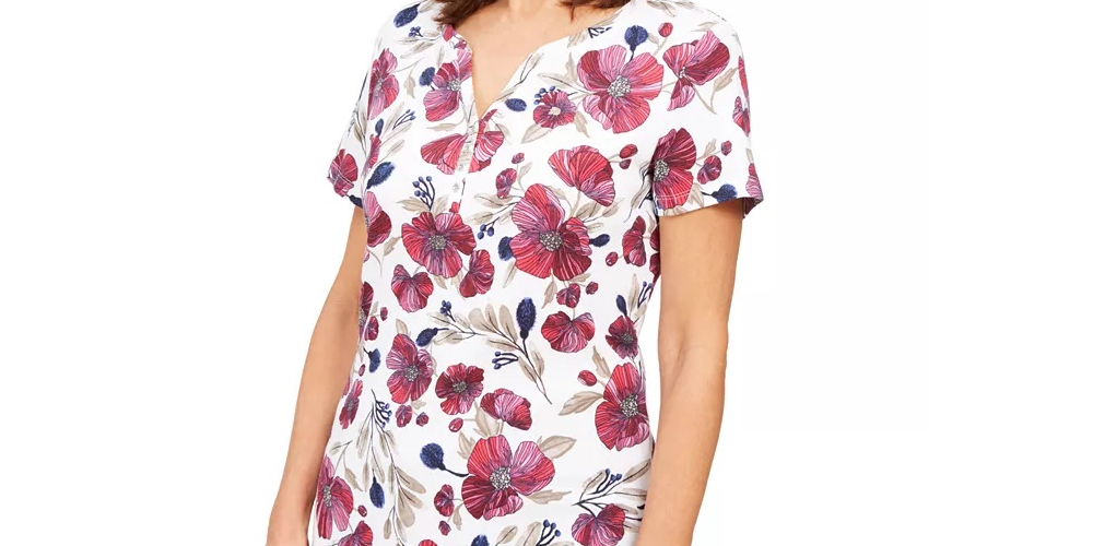 Karen Scott Blusa Henley Floral Feminina Branca Tamanho P