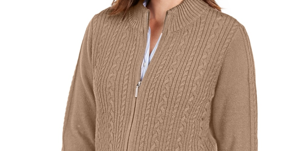Karen Scott Suéter Feminino de Tricô com Zíper Frontal Marrom Tamanho Pequeno GG