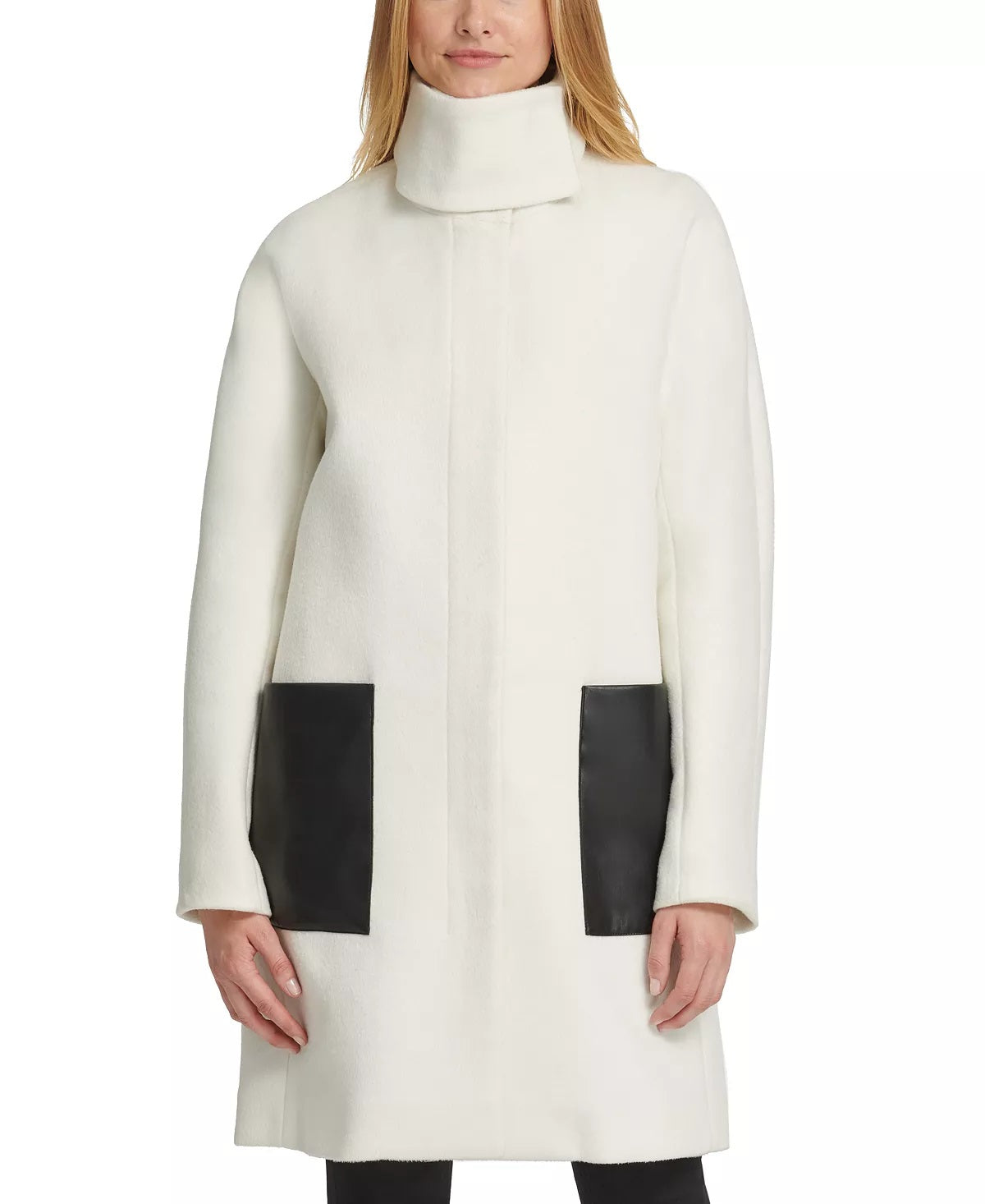 Casaco feminino DKNY com gola alta e bolso em couro sintético, branco, tamanho X-S