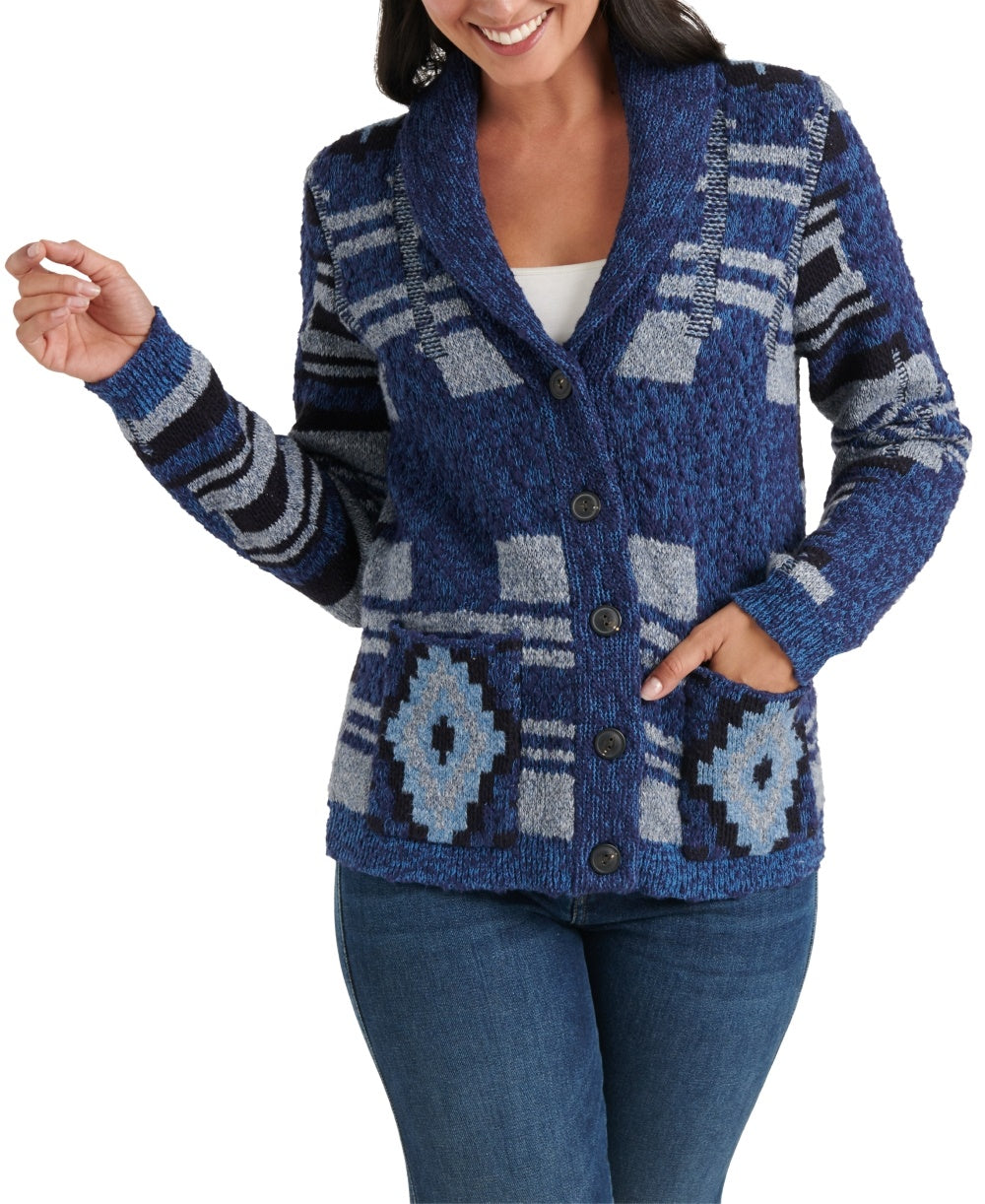 Lucky Brand Cardigan Feminino com Gola Xale e Botões, Azul Indigo Multicolorido, Tamanho X-G