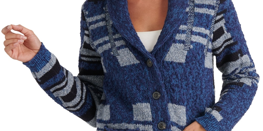 Lucky Brand Cardigan Feminino com Gola Xale e Botões, Azul Indigo Multicolorido, Tamanho X-G