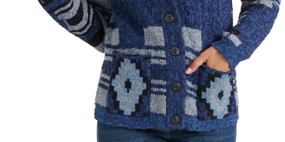 Lucky Brand Cardigan Feminino com Gola Xale e Botões, Azul Indigo Multicolorido, Tamanho X-G