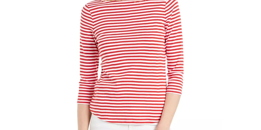 Camiseta feminina listrada de algodão Supima Charter Club, rosa, tamanho X-G