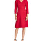 Vestido de festa feminino Ralph Lauren com zíper, manga 3/4, decote em V acima do joelho, ajuste evasê, vermelho, tamanho 16