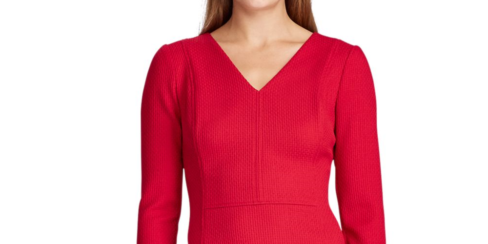 Vestido de festa feminino Ralph Lauren com zíper, manga 3/4, decote em V acima do joelho, ajuste evasê, vermelho, tamanho 16