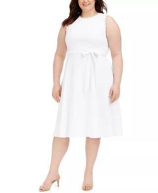 Vestido Calvin Klein Plus Size Feminino com Acabamento Daisy e Linha A, Branco, Tamanho Pequeno Pequeno