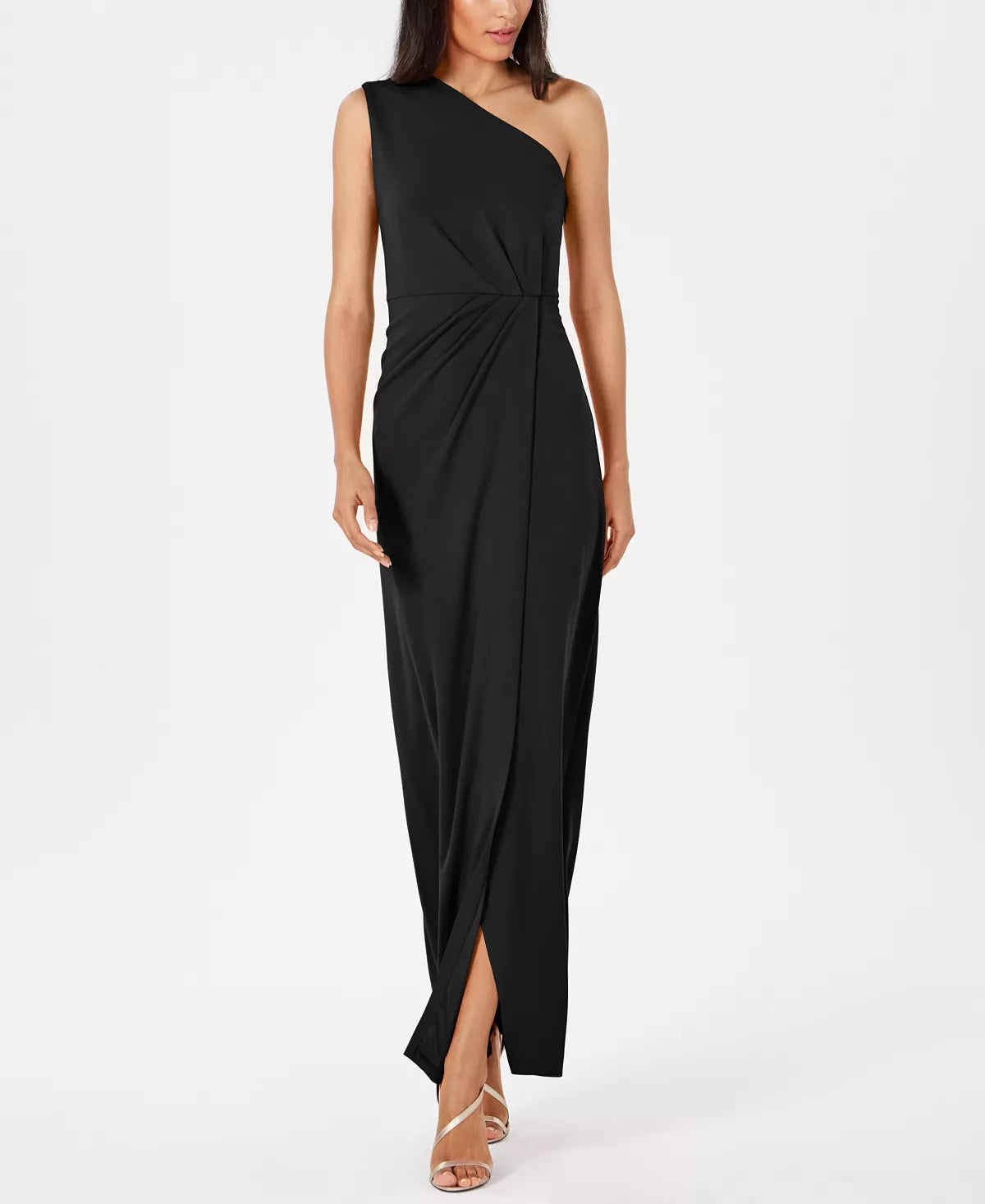 Vestido drapeado Calvin Klein feminino de um ombro só, preto, tamanho 8