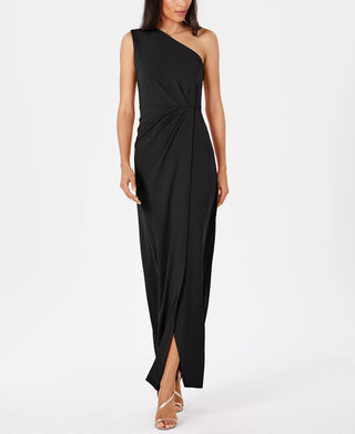 Vestido drapeado Calvin Klein feminino de um ombro só, preto, tamanho 8