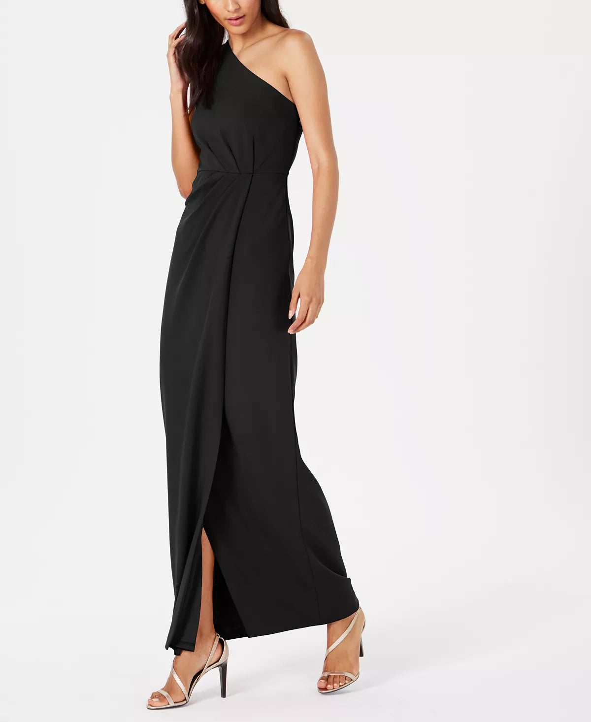 Vestido drapeado Calvin Klein feminino de um ombro só, preto, tamanho 8