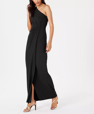 Vestido drapeado Calvin Klein feminino de um ombro só, preto, tamanho 8