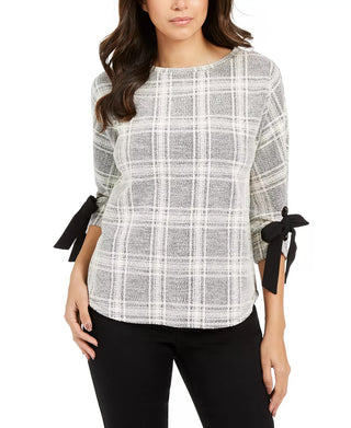 Charter Club Women's Petite Plaid Tie-Cuff Top Black Size Small