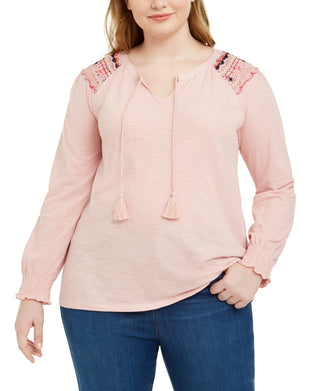 Style & Co Women's Plus Embroidered Keyhole Top Pink Size 1X