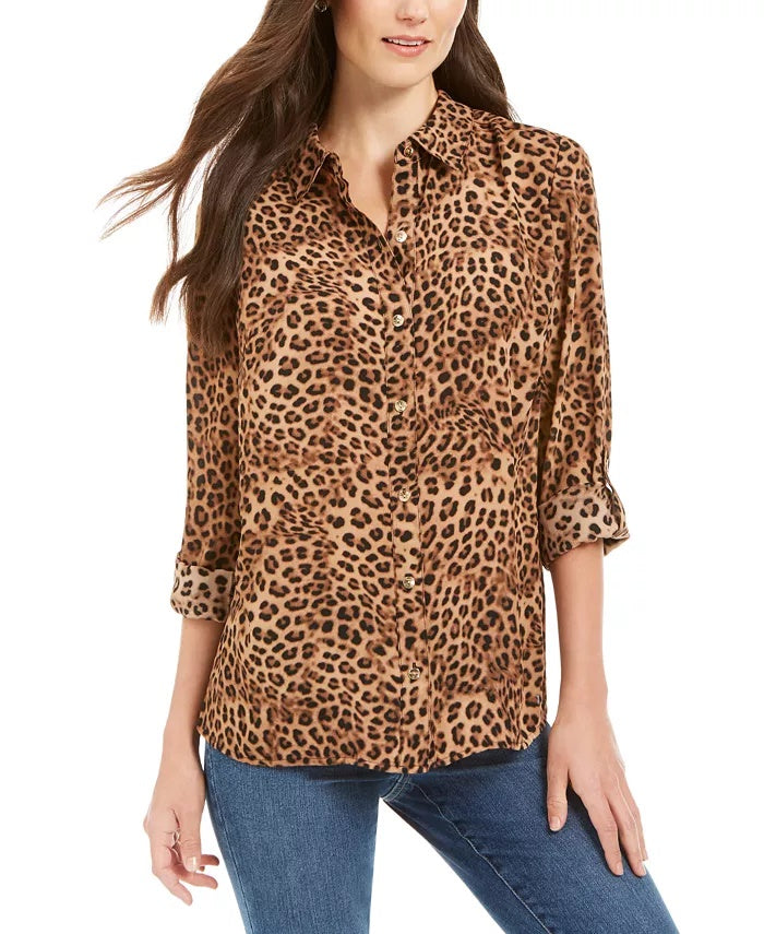 Charter Club Top feminino estampado pequeno com mangas dobráveis, bege, tamanho pequeno GG