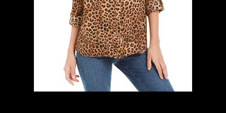 Charter Club Top feminino estampado pequeno com mangas dobráveis, bege, tamanho pequeno GG