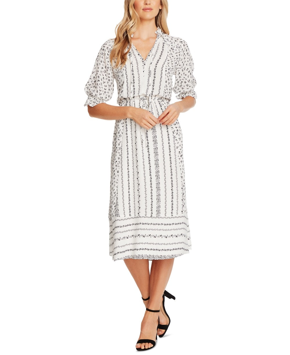 Vestido midi floral com mangas franzidas CeCe feminino, tamanho grande, branco