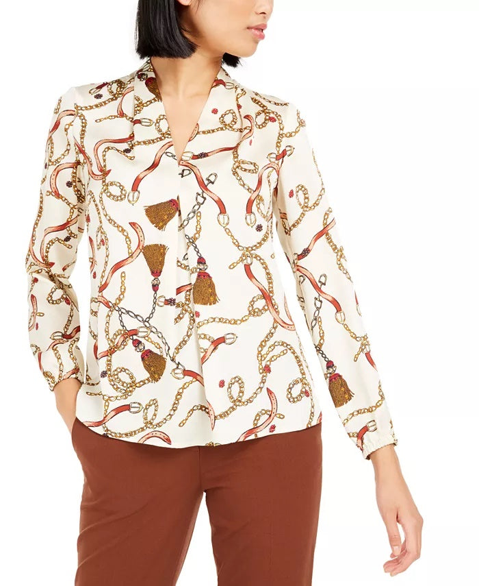 Blusa plissada estampada feminina Bar III, bege, cáqui, tamanho pequeno