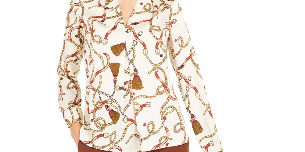 Blusa plissada estampada feminina Bar III, bege, cáqui, tamanho pequeno