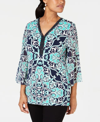 JM Collection Women's Embellished Neck Tunic Green /Blue  Size X-Small