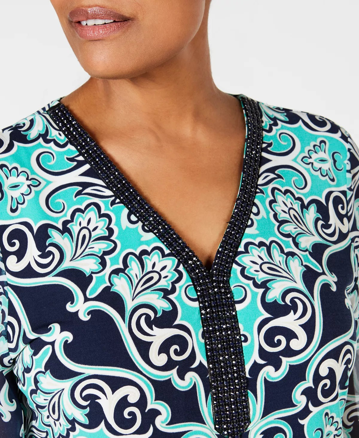 Túnica feminina com decote embelezado JM Collection, verde/azul, tamanho X-S